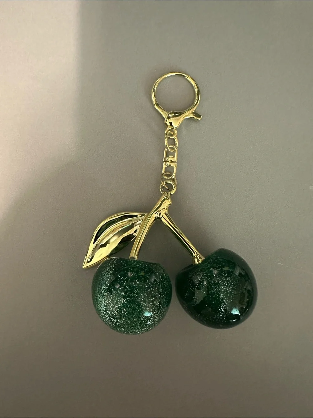 Gold-Tone Keychain with Dark Green Glitter Cherry Charms
